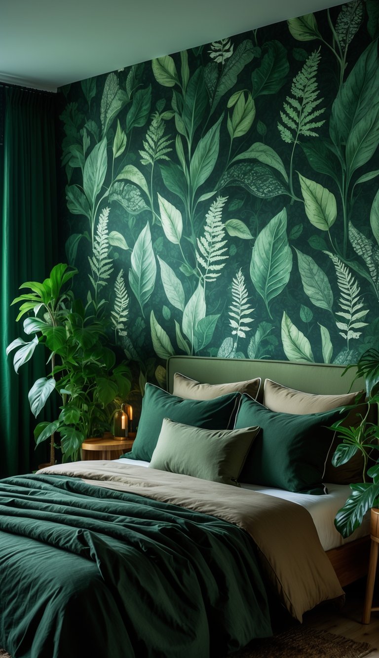 A bedroom with leafy patterned wallpaper, a bed with green bedding, wooden furniture, and several indoor plants.