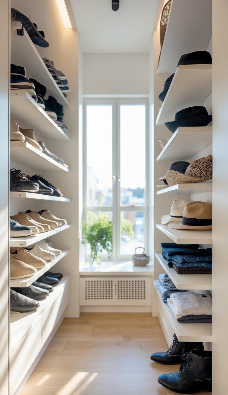 A room with floating shelves high on the walls holding shoes, hats, and folded clothes for storage.