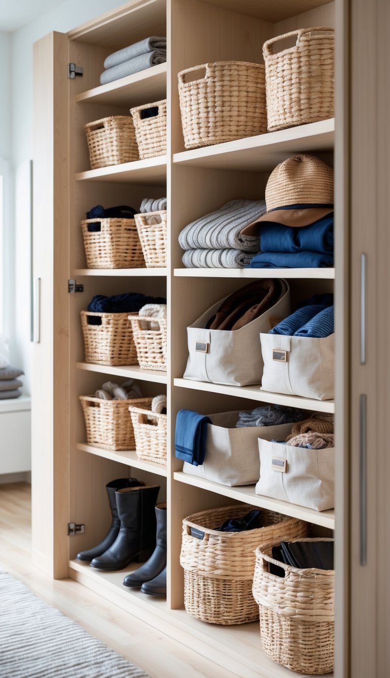 Open wardrobe with matching baskets and bins neatly organizing accessories and seasonal clothing.