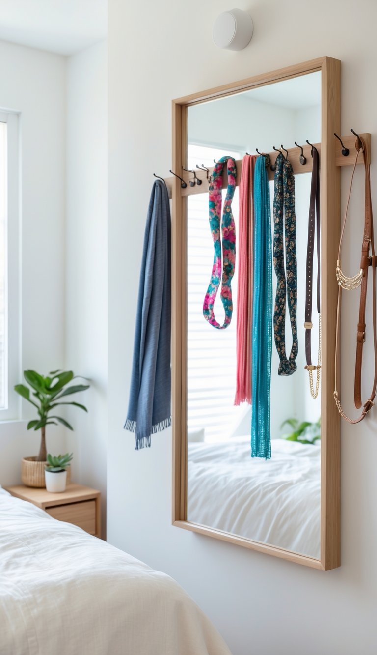 A bedroom with a full-length mirror on the wall holding scarves, jewelry, and belts on hooks behind it.