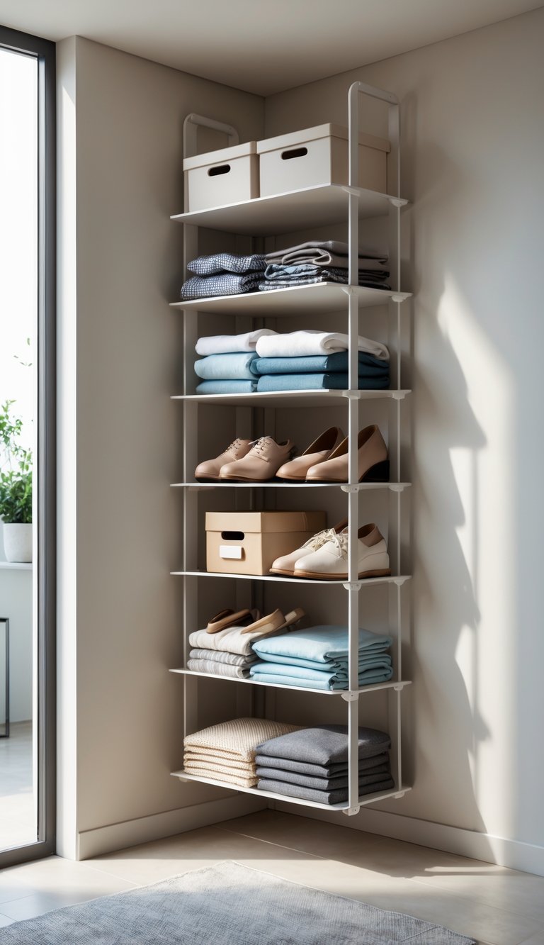 A multi-tiered hanging organizer placed in a corner of a room, holding clothes, shoes, and storage boxes.