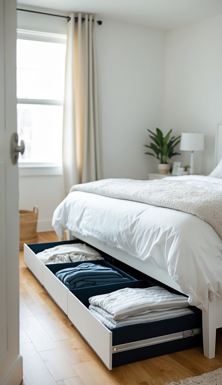 A bedroom with a bed and open under-bed storage drawers containing folded clothes and bedding.