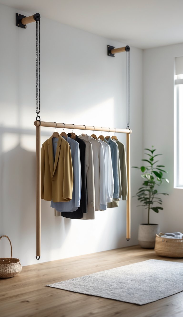 A wooden clothes rail with metal brackets holding clothes in a bright, simple room without a closet.
