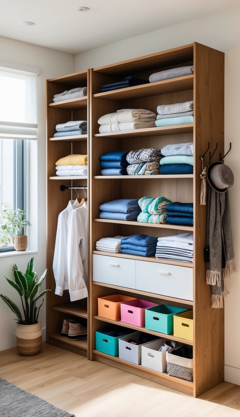 A tall bookcase with shelves holding folded clothes and storage bins, hooks with accessories, in a bright, tidy room without a closet.