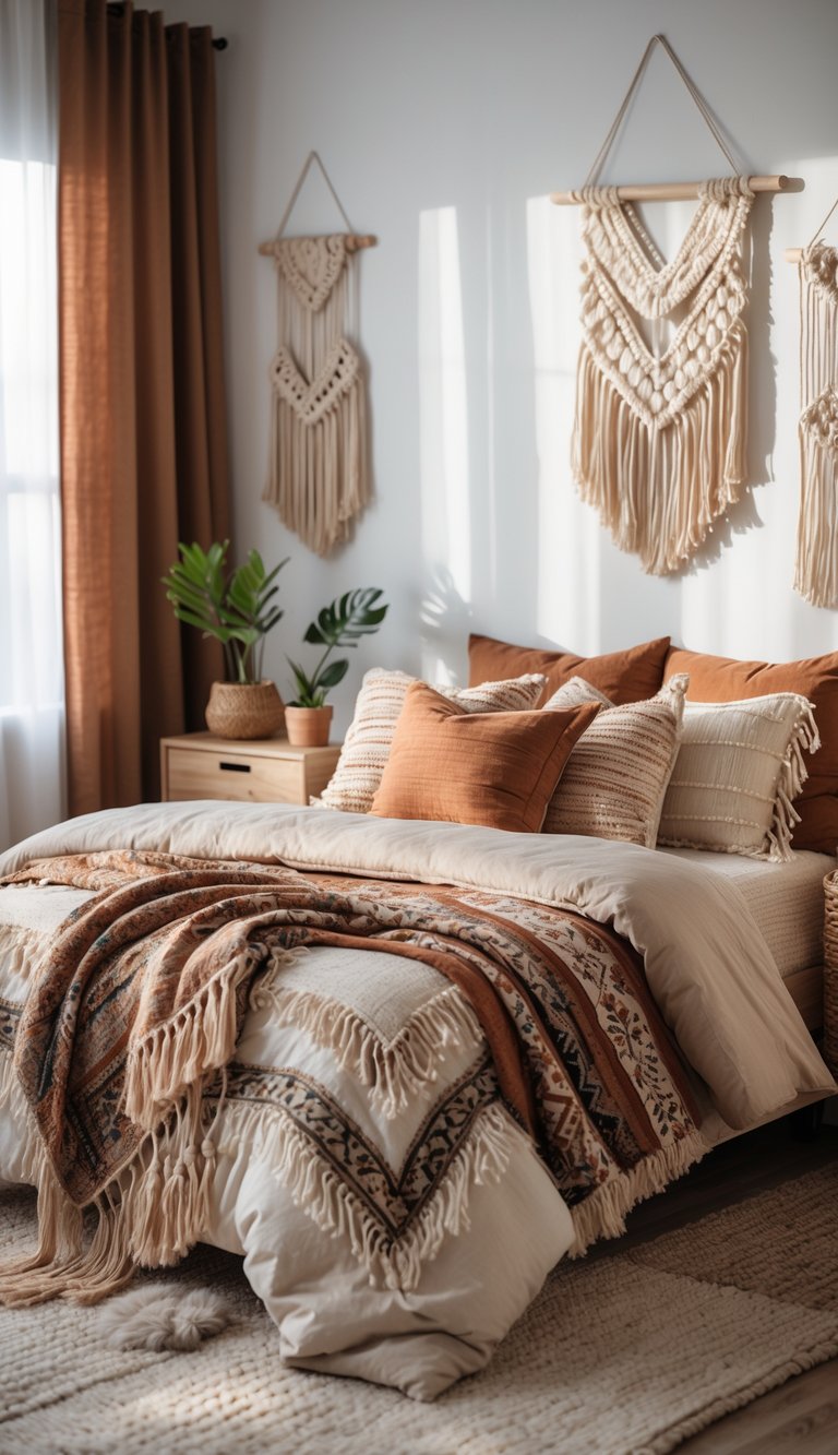 A teenage girl's bedroom with a bed covered in layered pillows and blankets, wooden furniture, plants, and soft natural light coming through the window.