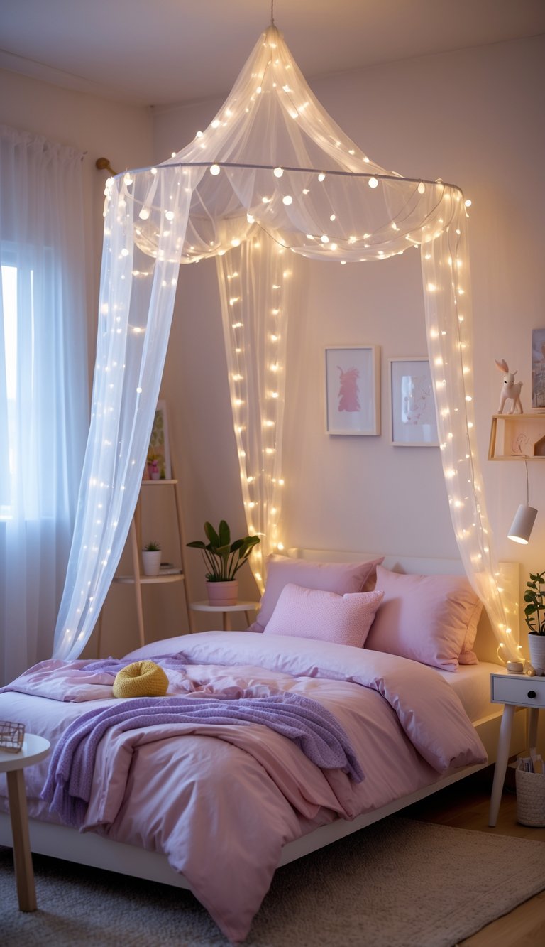 A teenage girl's bedroom with a bed draped in glowing fairy lights, pastel bedding, and cozy decorations.