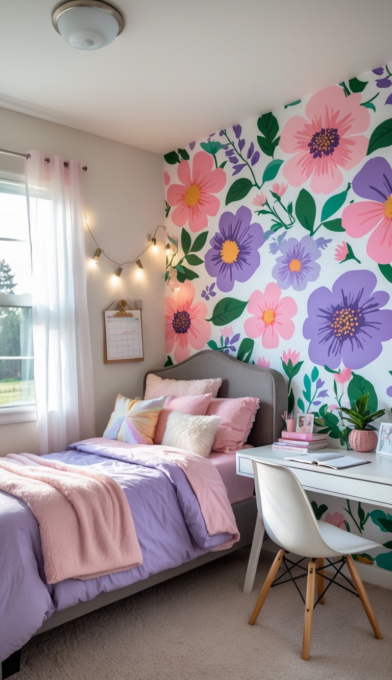 A teenage girl's bedroom with a floral wallpaper accent wall, a bed, desk, and natural light coming through a window.