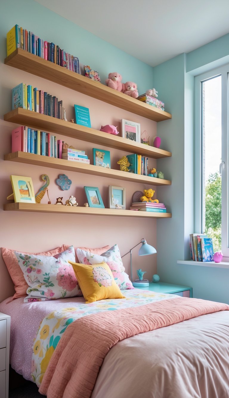 A teenage girl's bedroom with floating shelves displaying books and decorative items above a bed near a window.