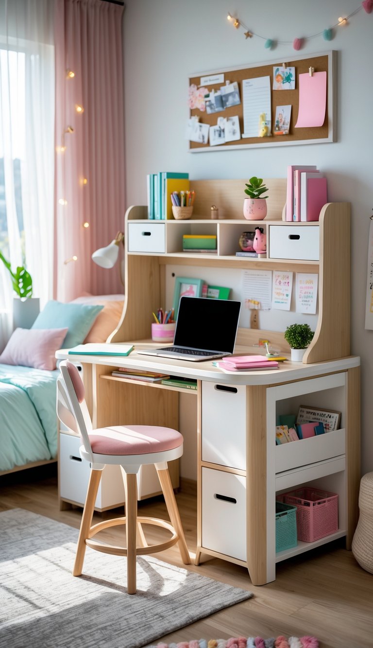 A teenage girl's bedroom with a multifunctional desk featuring built-in storage holding books and art supplies, a laptop on the desk, and a cozy bed in the background.