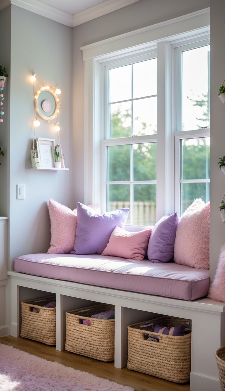 A cozy window seat with plush cushions and storage baskets beneath a bright window in a teenage girl's bedroom.