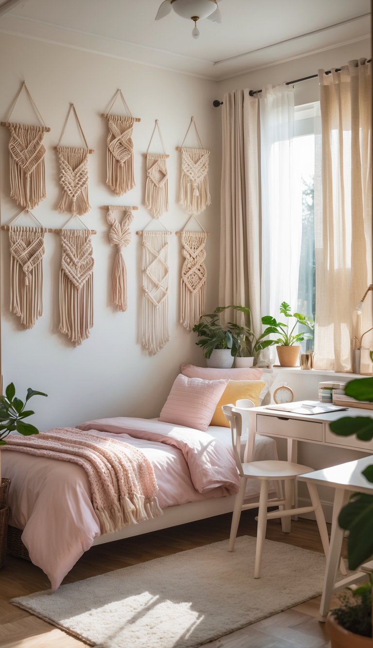 A teenage girl's bedroom with a bed, desk, plants, and macrame wall hangings on the walls.