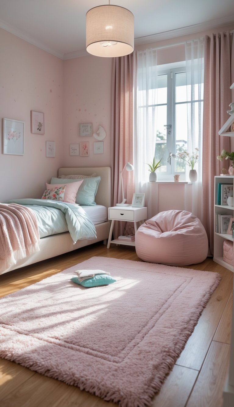 A teenage girl's bedroom with a soft pastel area rug on the floor, a bed, bedside table, window with curtains, and decorative plants.