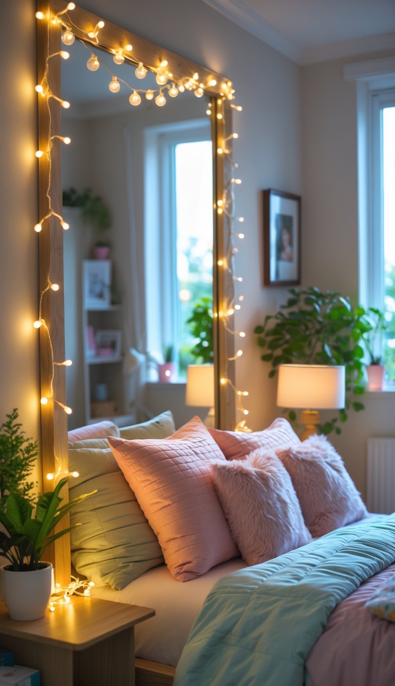 A teenage girl's bedroom with string lights draped around a mirror and headboard, featuring a neatly made bed and cozy decor.