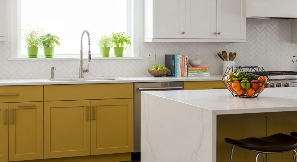 A modern kitchen with mustard yellow lower cabinets and ivory countertops, featuring a stainless steel faucet and decorative items.