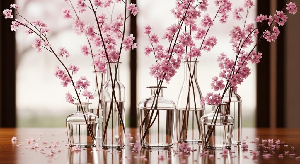 A group of clear glass vases holding tall branches with cherry blossoms arranged on a surface.