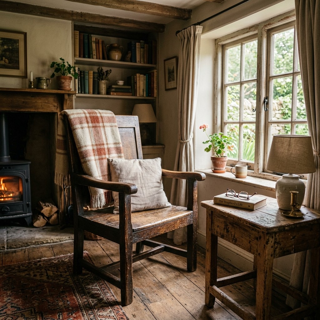 A cozy indoor scene featuring worn wooden furniture with visible texture and natural light.
