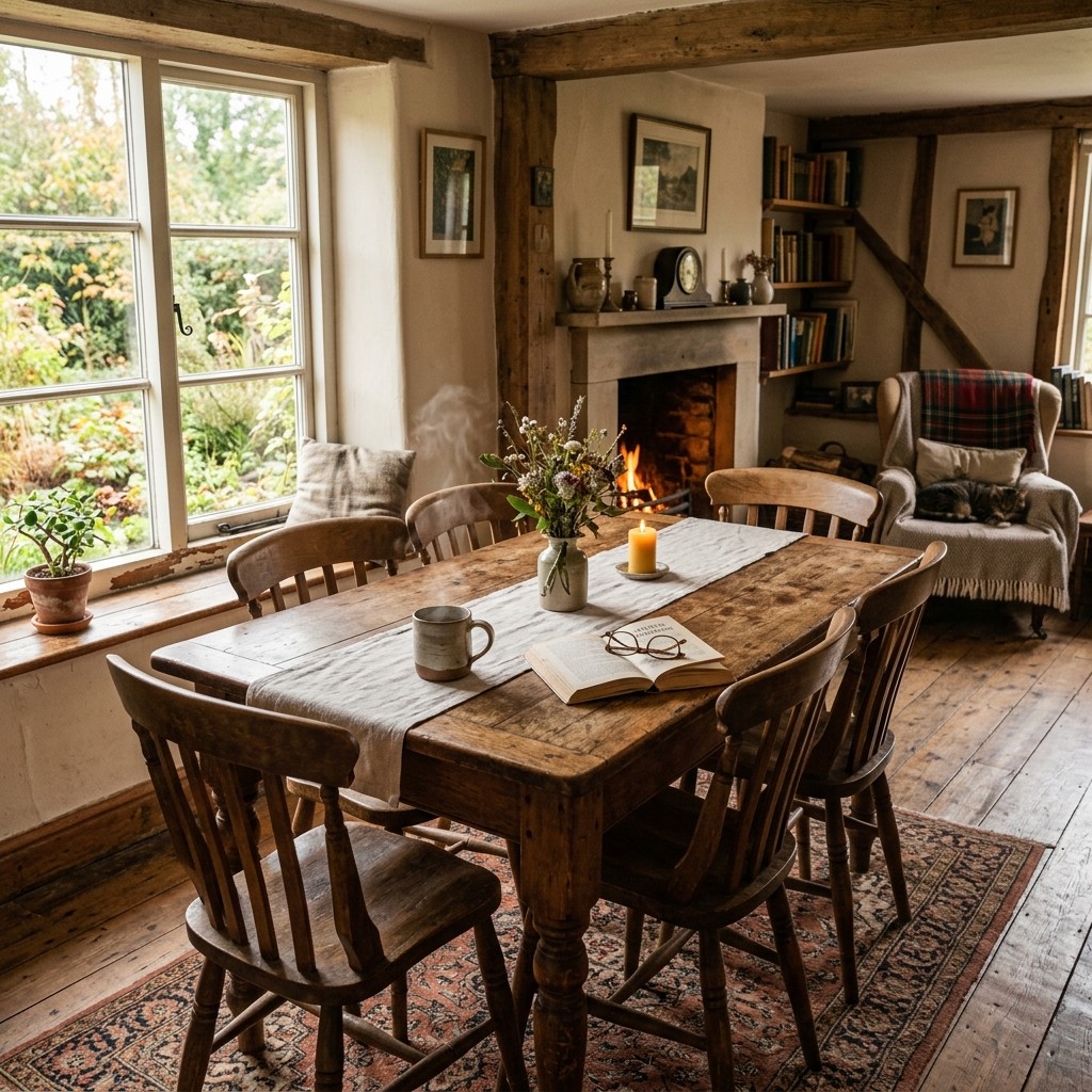 A cozy indoor scene featuring worn wooden furniture with visible texture and natural light.