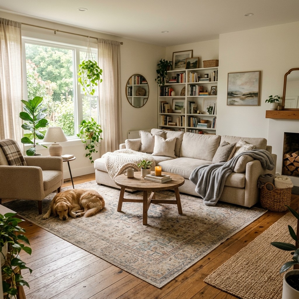 A cozy living room with muted patterned rugs on hardwood floors, neutral furniture, and soft natural light.