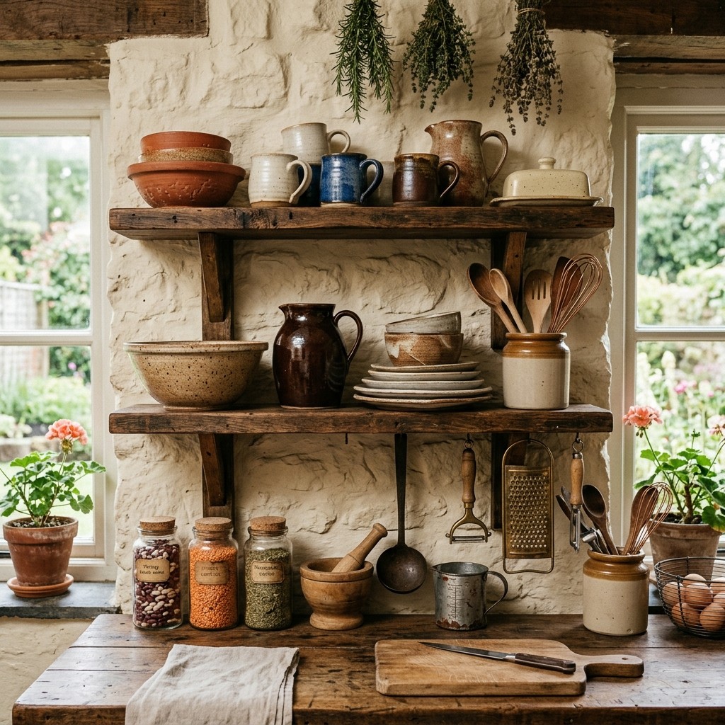Open wooden shelves displaying earthenware pottery and antique kitchen tools in a cozy kitchen setting.
