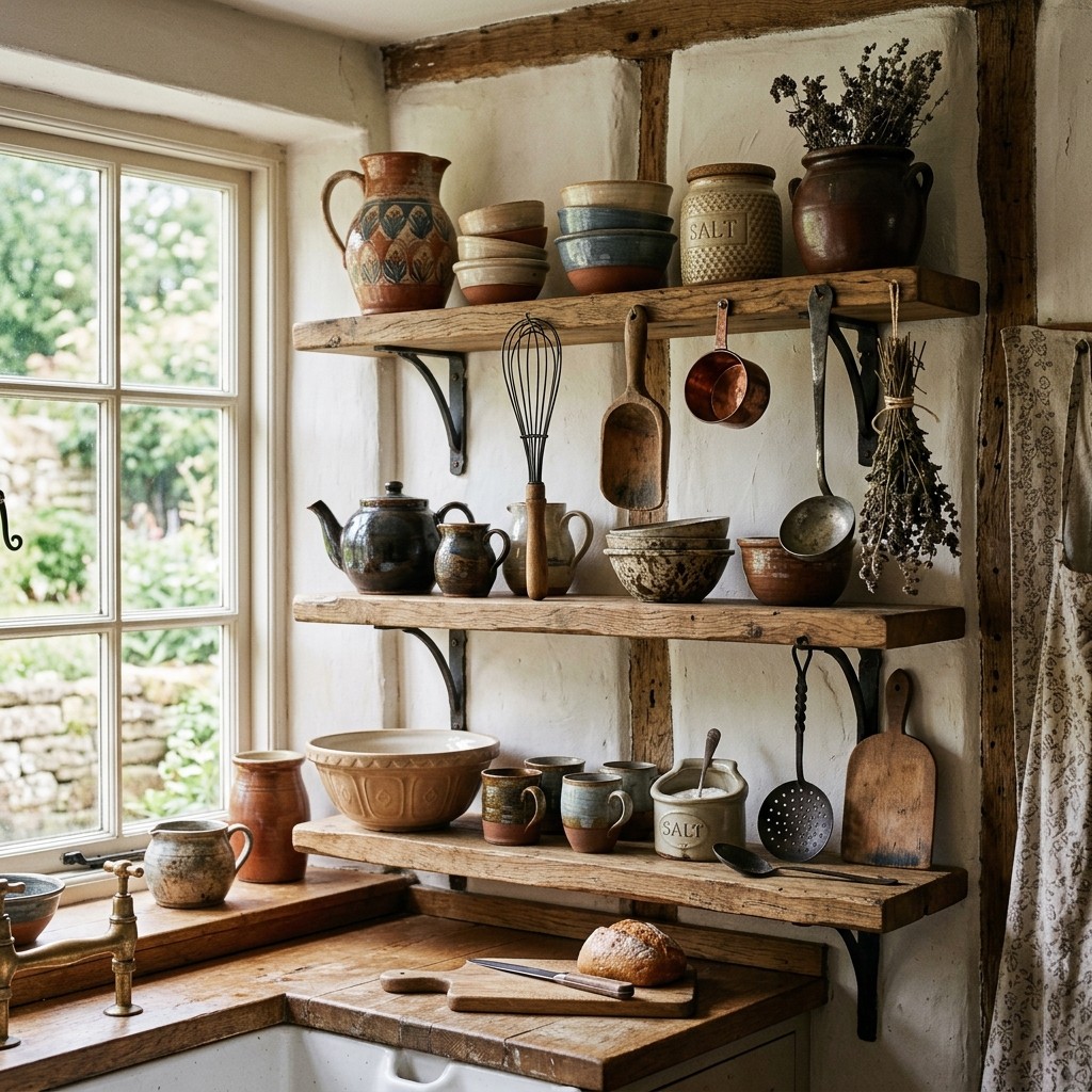 Open wooden shelves displaying earthenware pottery and antique kitchen tools in a cozy kitchen setting.