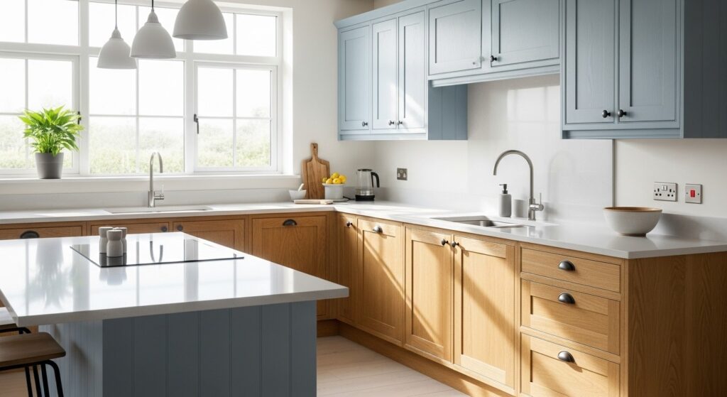 A bright kitchen with soft blue upper cabinets and natural oak lower cabinets, featuring a light countertop and modern fixtures.