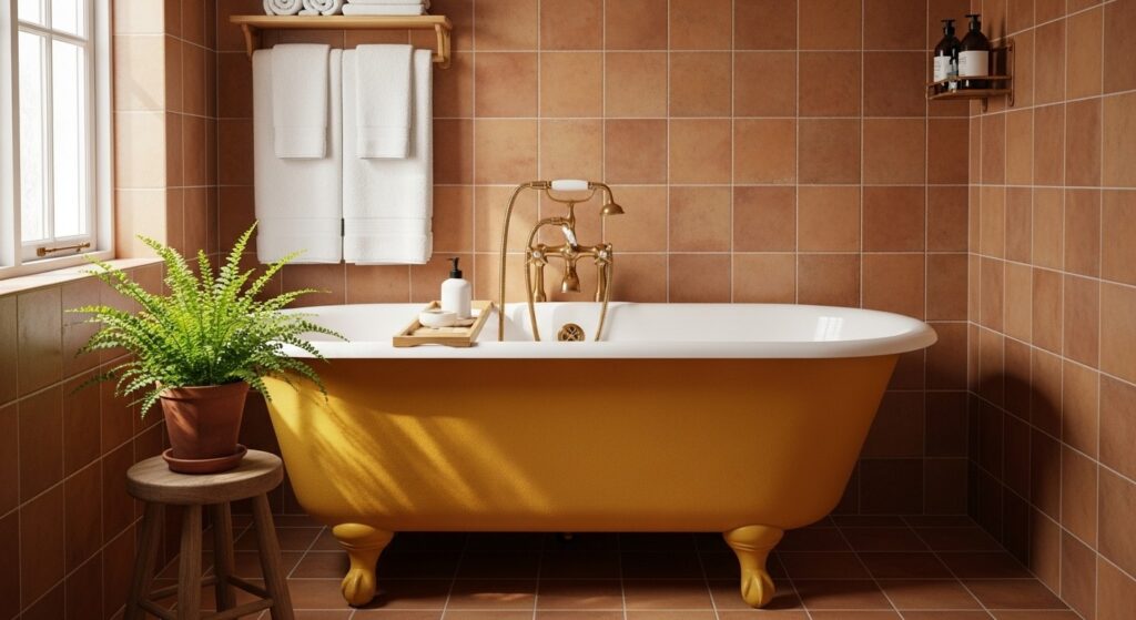 A bathroom with a mustard yellow bathtub next to terracotta tiled walls and floor, decorated with a small plant and towels.