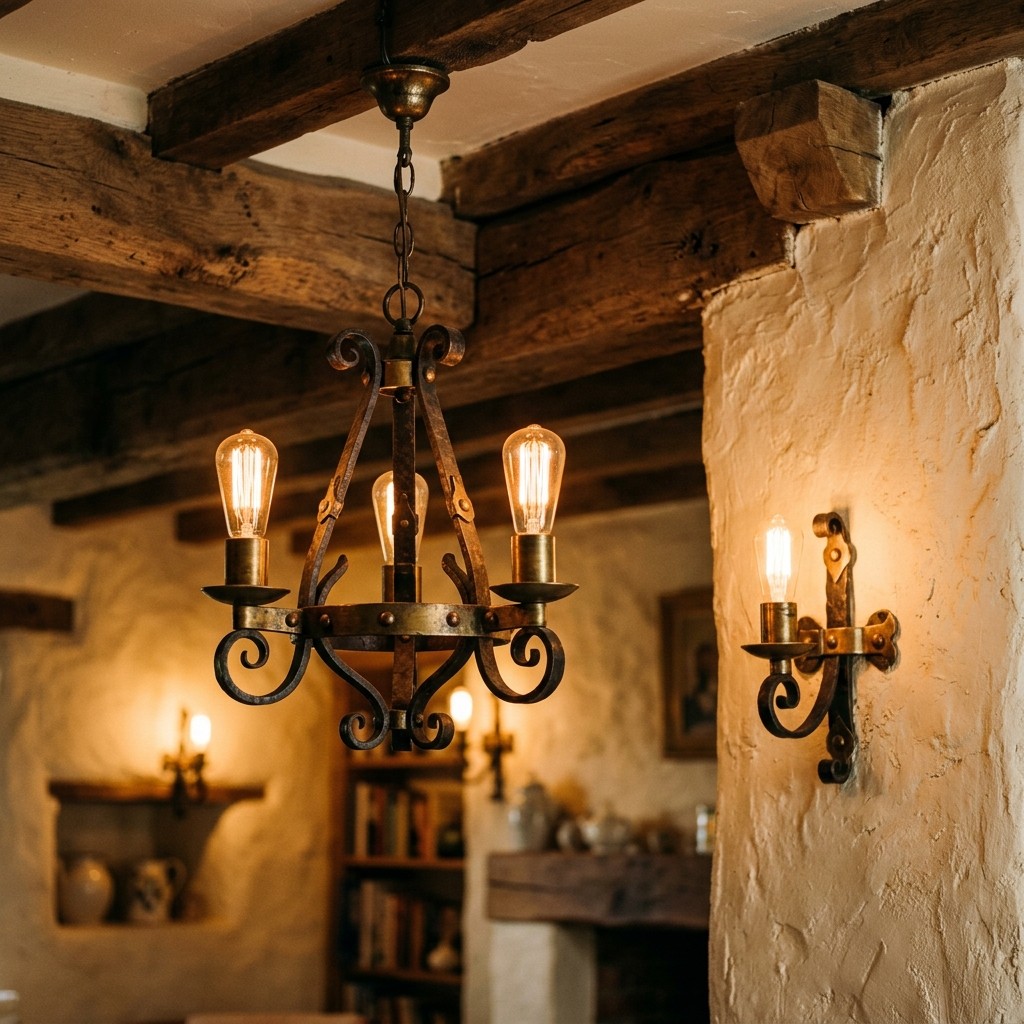 A close-up view of vintage iron and brass light fixtures glowing warmly in a cozy room with wooden beams and textured walls.
