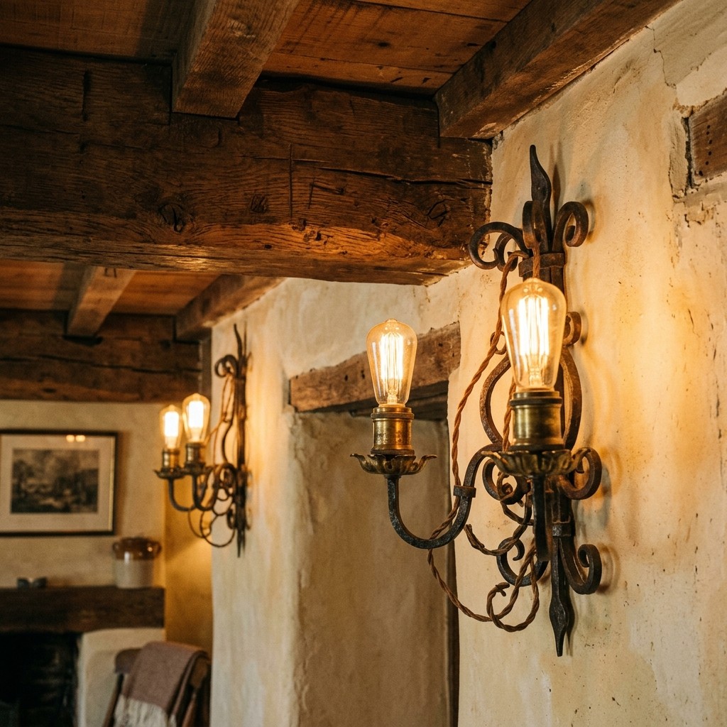 A close-up view of vintage iron and brass light fixtures glowing warmly in a cozy room with wooden beams and textured walls.
