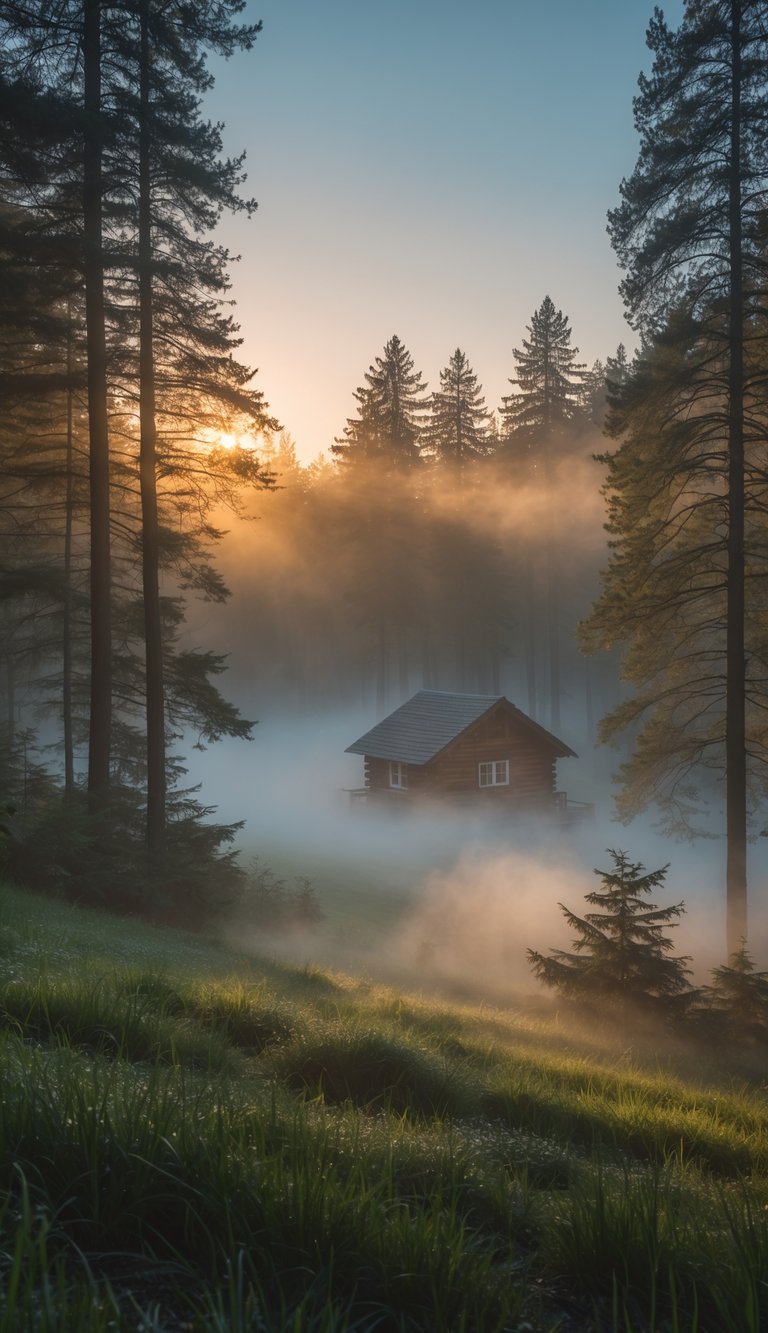 A wooden cabin surrounded by tall pine trees with mist rising over the forest in the early morning light.