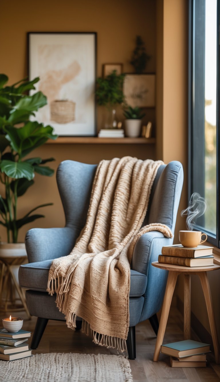 A cozy reading nook with a plush armchair draped with a soft throw blanket next to a window, surrounded by books and a small plant.