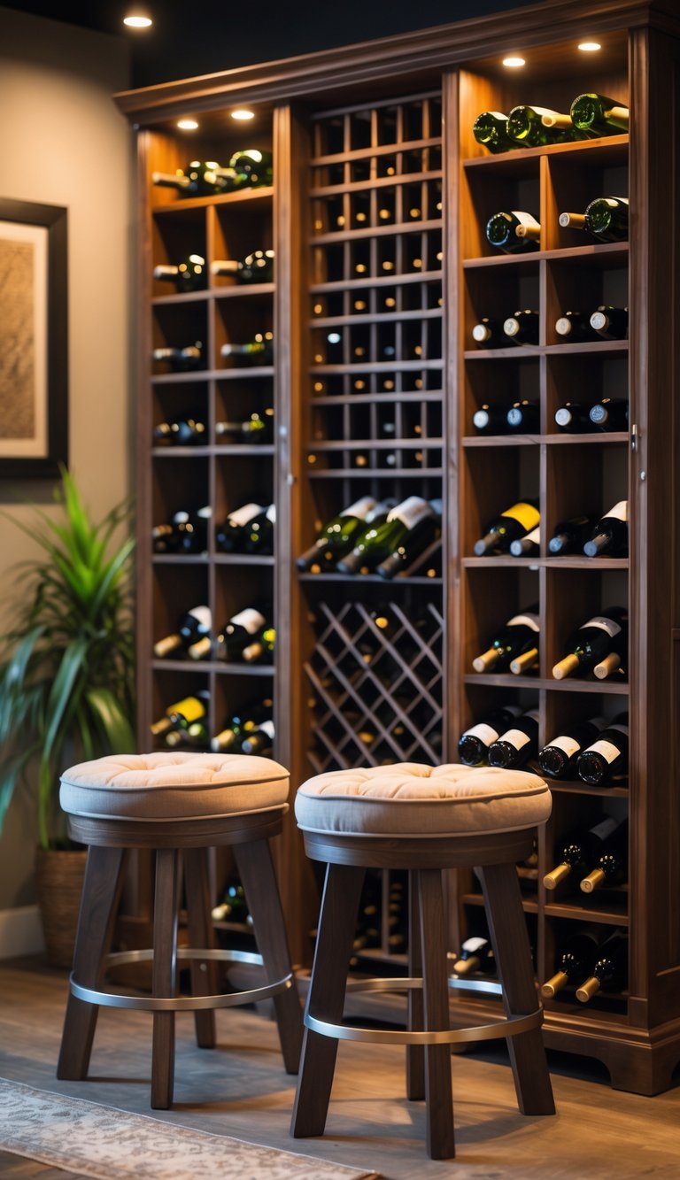 A cozy wine tasting corner with a vintage wine rack filled with bottles and two comfortable stools in front.