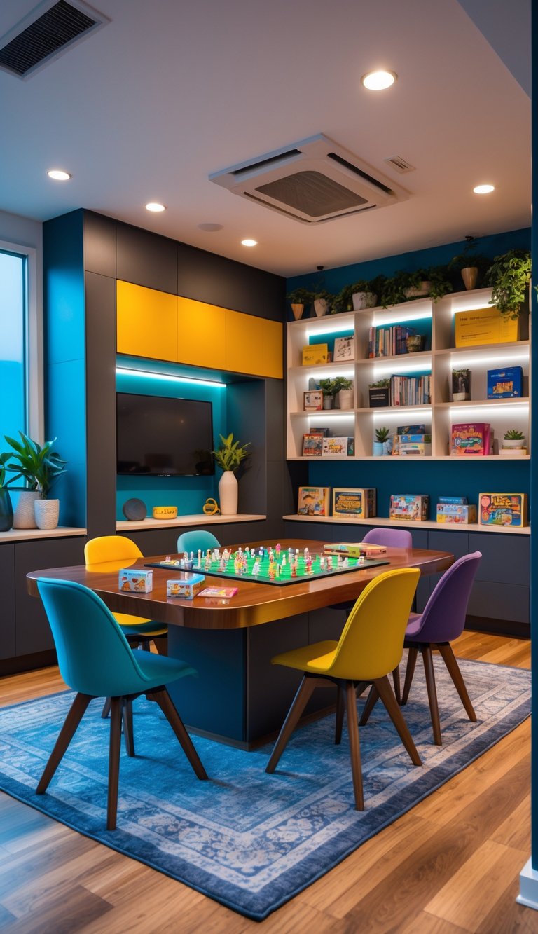 A modern game area with a board game table surrounded by chairs and built-in storage filled with games and books.