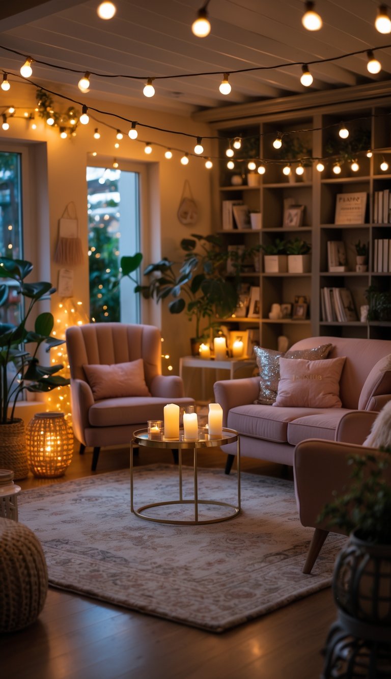 A cozy hangout room with warm string lights, comfortable seating, bookshelves, plants, and soft rugs creating an inviting atmosphere.