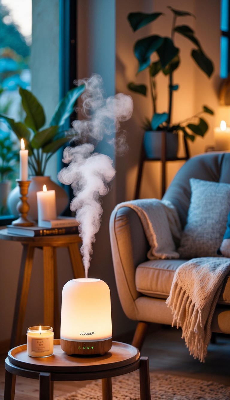 A cozy hangout room with a subtle aromatherapy diffuser on a side table next to a comfortable armchair surrounded by plants and soft lighting.