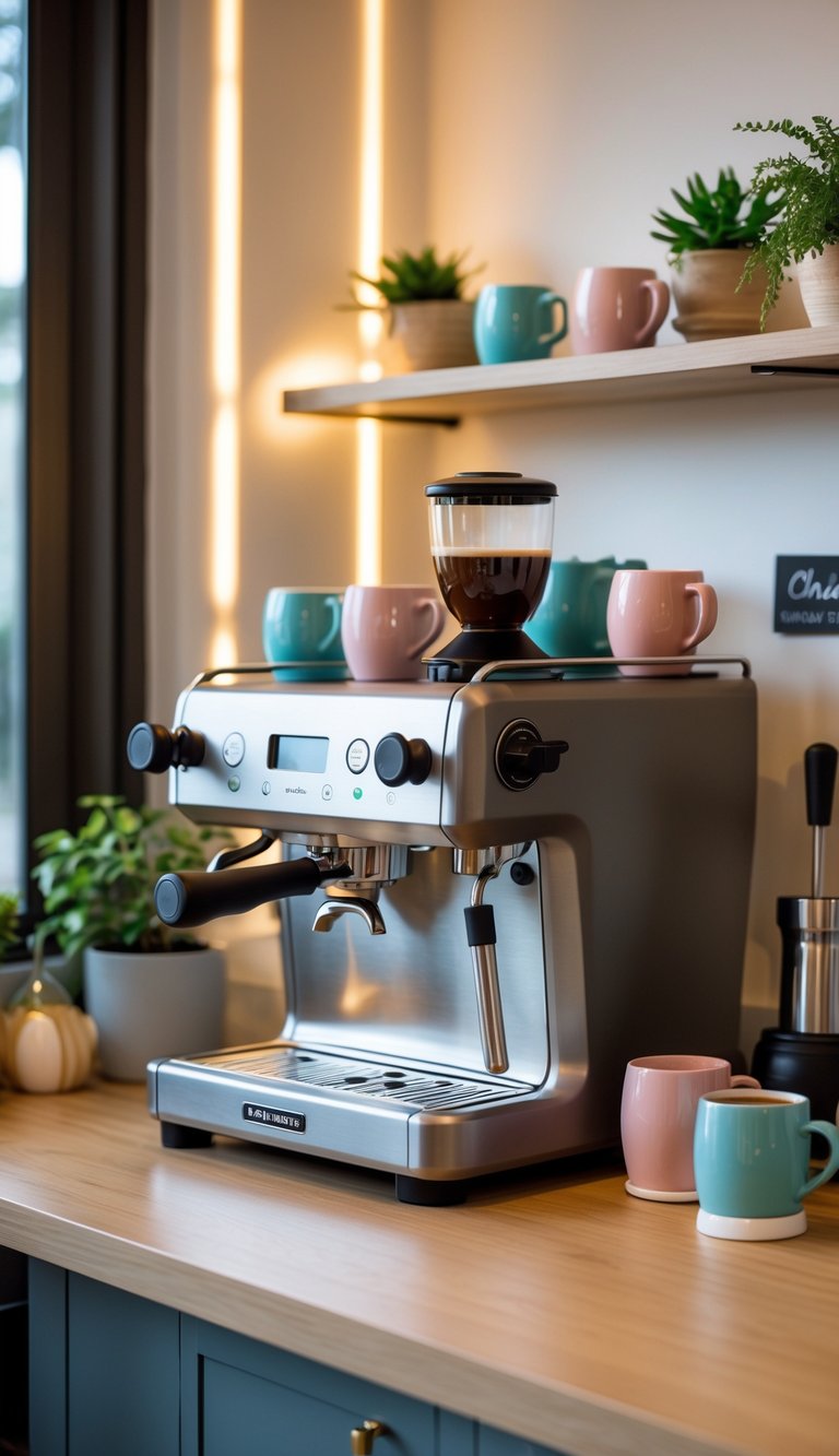 Compact coffee bar with an espresso machine and colorful mugs on a wooden countertop in a cozy room.