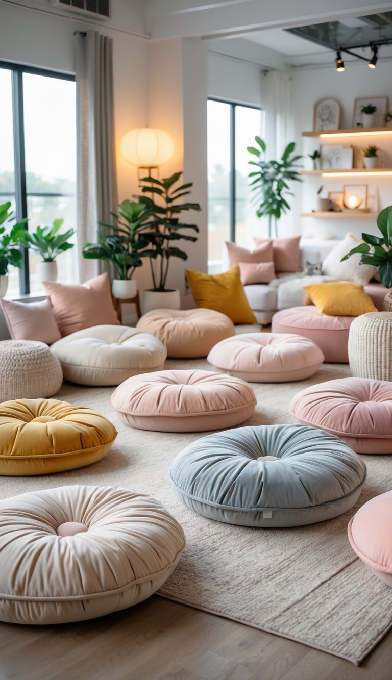 A cozy room with plush floor cushions arranged on a rug, surrounded by plants and soft lighting, creating a casual and inviting seating area.