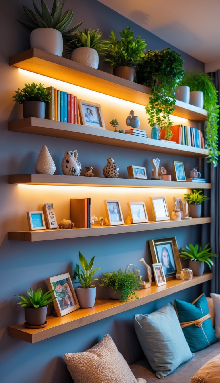 A cozy room with floating shelves holding books, plants, and personal keepsakes.