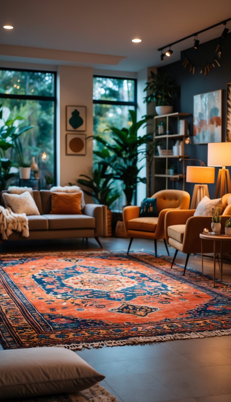 A cozy hangout room with a colorful textured rug, comfortable seating, plants, and decorative items.