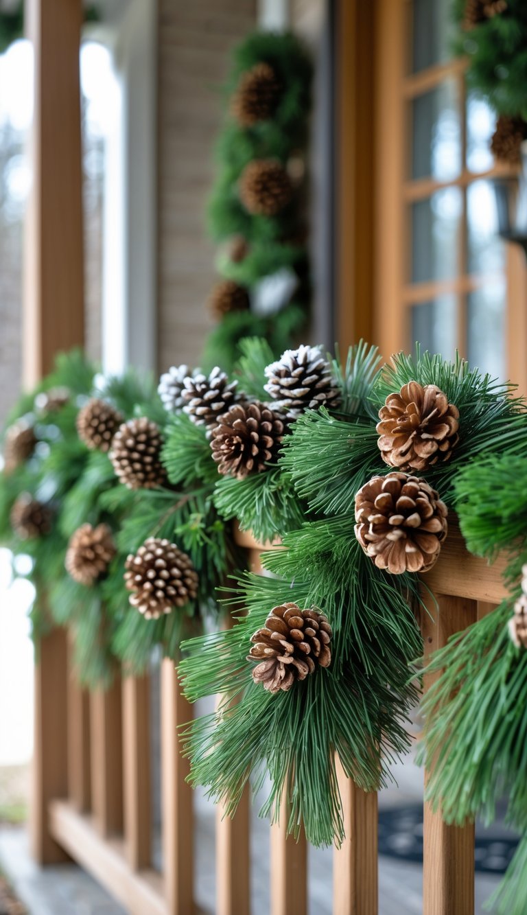 A front porch railing decorated with a green evergreen garland and pinecones, with a wooden door in the background.