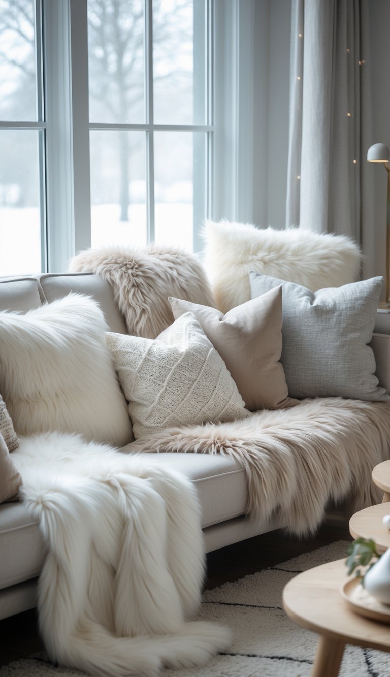 A cozy living room with a sofa covered in soft faux fur throws and cushions, warm natural light coming through large windows, and a view of snow outside.