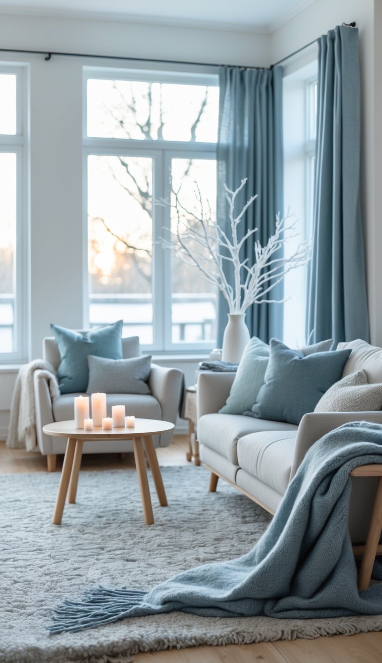 A living room with a sofa and armchairs decorated with blue and gray linens, natural light coming through large windows, and simple winter decorations on wooden furniture.