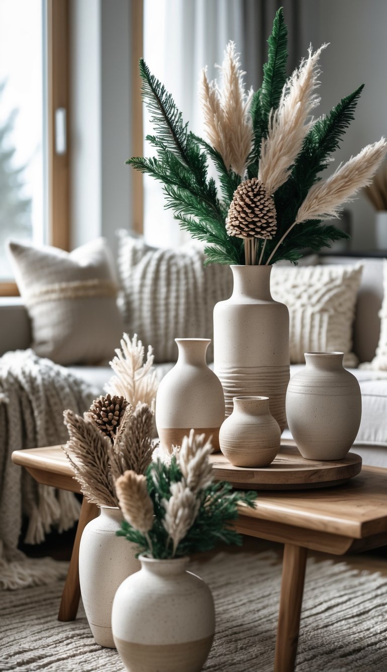 A living room with ceramic and stoneware vases filled with pine branches and dried flowers on a wooden side table next to a sofa.