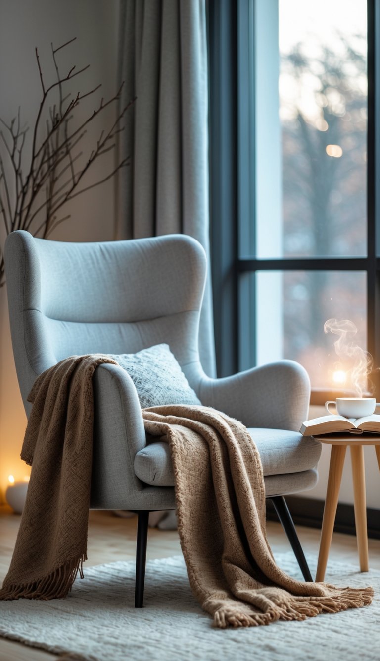 A cozy reading nook with a modern armchair, a warm throw blanket, a small wooden side table with a cup and book, and soft natural light coming through a window.