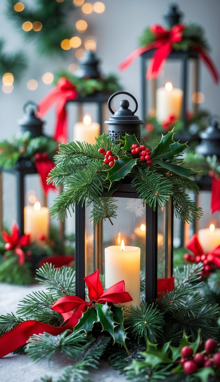 A group of lanterns decorated with green foliage and red ribbons, glowing warmly with candles inside.