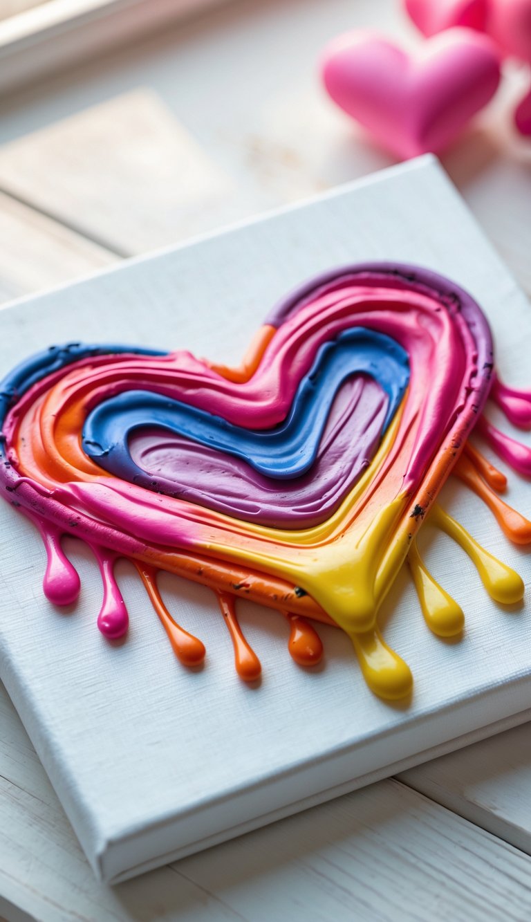 A colorful melted crayon heart artwork on a white canvas placed on a wooden surface.
