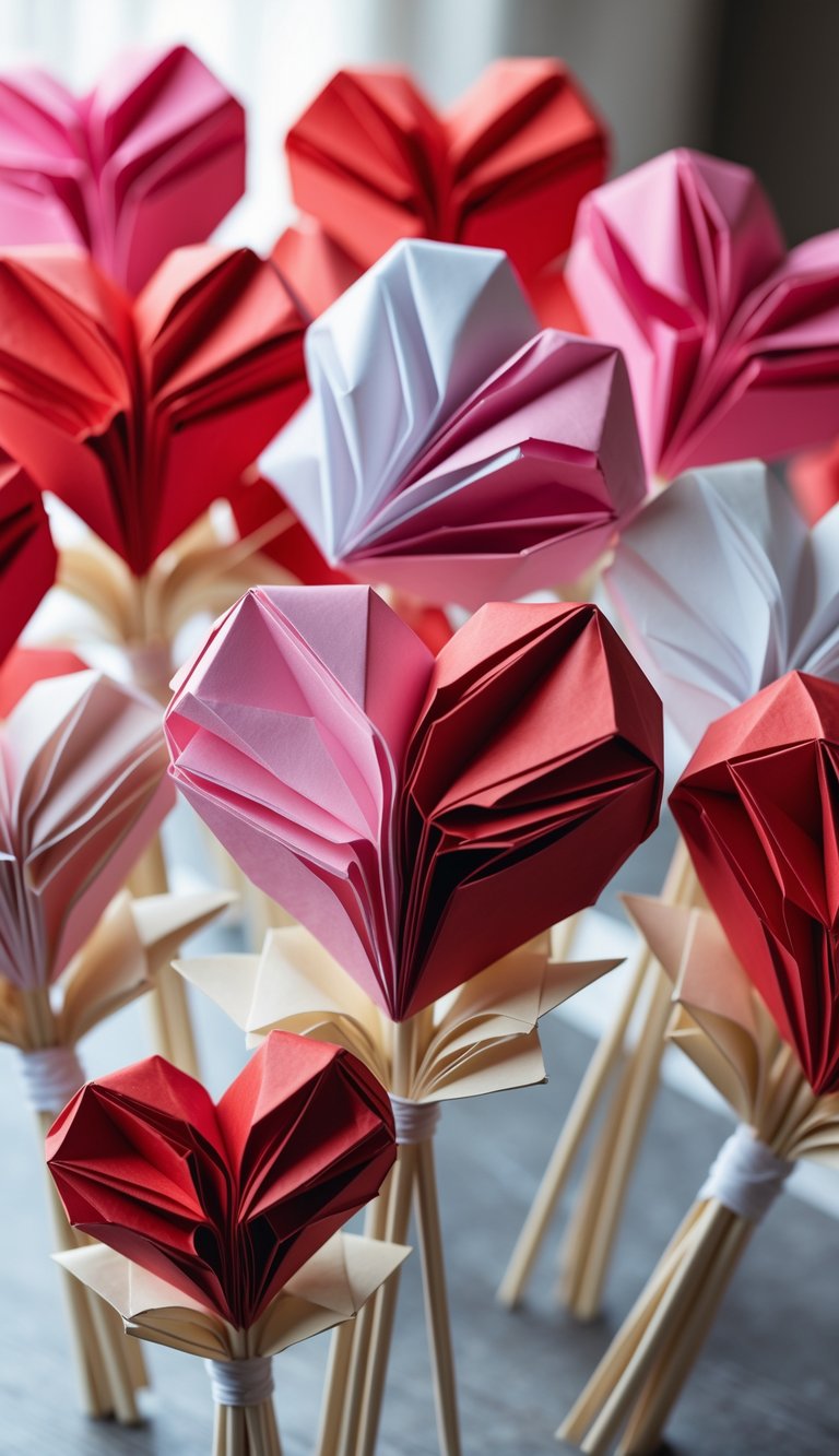 A close-up of several heart-shaped paper bouquets made from folded origami hearts in red, pink, and white colors.