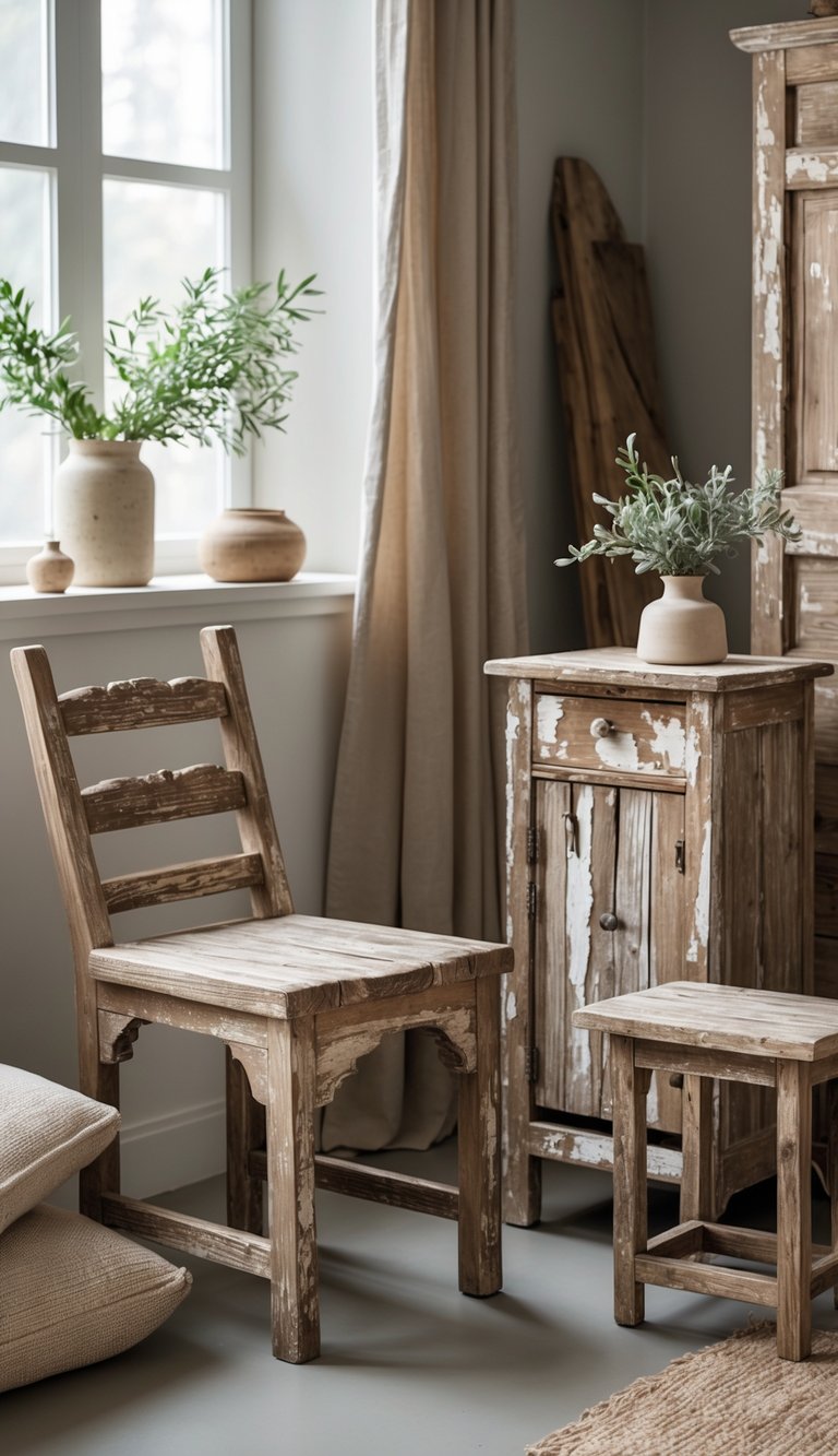 A cozy indoor scene featuring worn wooden furniture with visible texture and natural light.