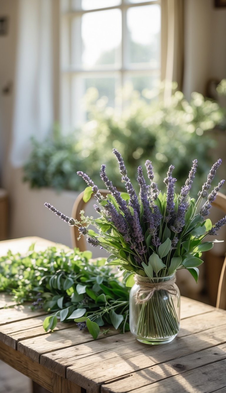 A rustic wooden table with fresh green leaves and tied dried lavender bunches in a softly lit indoor setting.