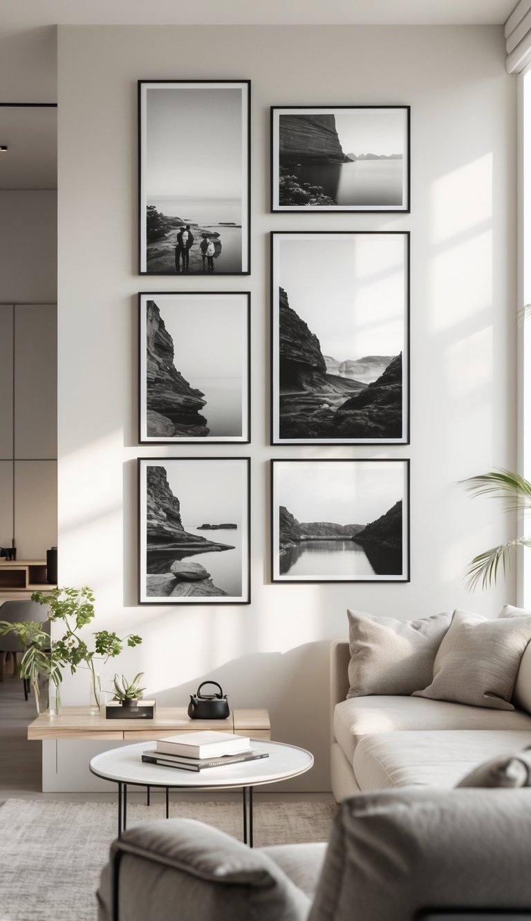 A living room with a sofa and a gallery wall of black and white photo prints arranged above it.