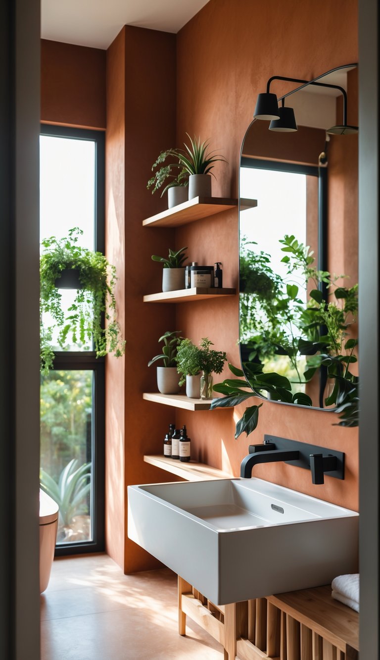 A bathroom with a terracotta accent wall, white sink, wooden shelves, and green plants.